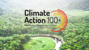 Illustration with a nature background behind the climate action 100 logo.